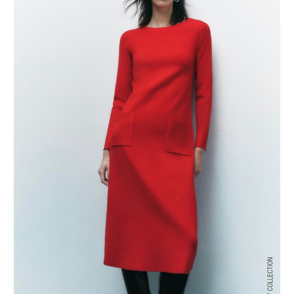 ZARA RED KNIT MIDI DRESS WITH POCKETS SIZE S